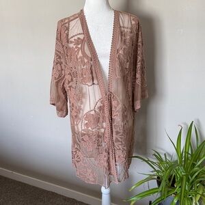 Umgee Sheer Lace Cardigan‎ in Tan/taupe brown SZ S mesh kimono fall festival